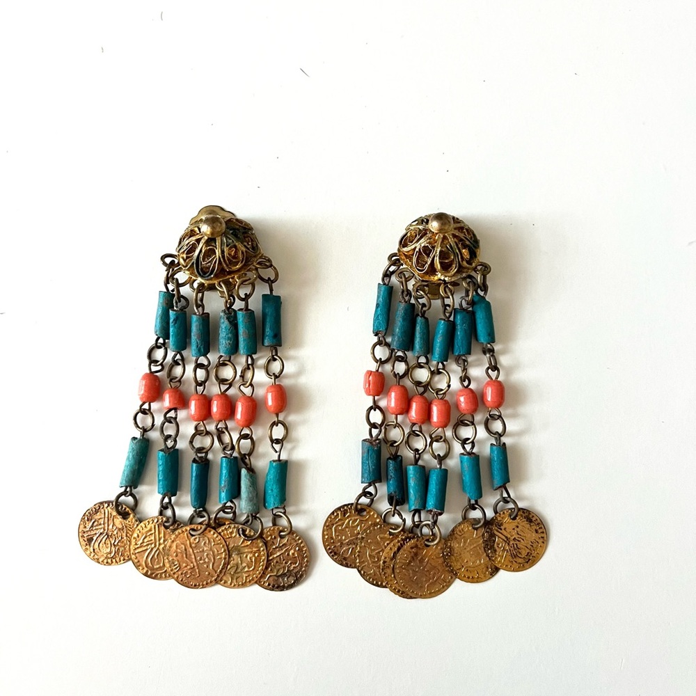 Vintage Handmade Gold Colored Egyptian Clip On Beaded Earrings